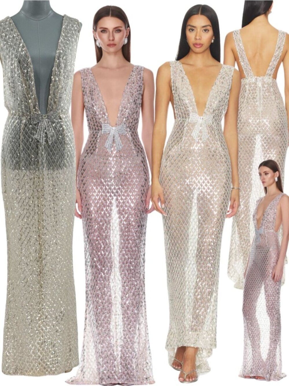 🆕 BRONX & BANCO 🧿 NWOT Liora Crystal Bridal Maxi Dress, Silver - Sz L US 8